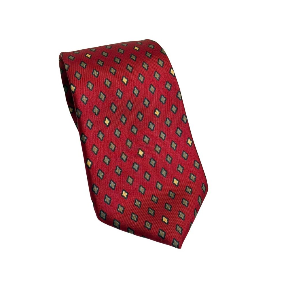 VTG‎ John Henry Silk Tie Red Geometric Diamond All Over Print Slip Stitch Formal